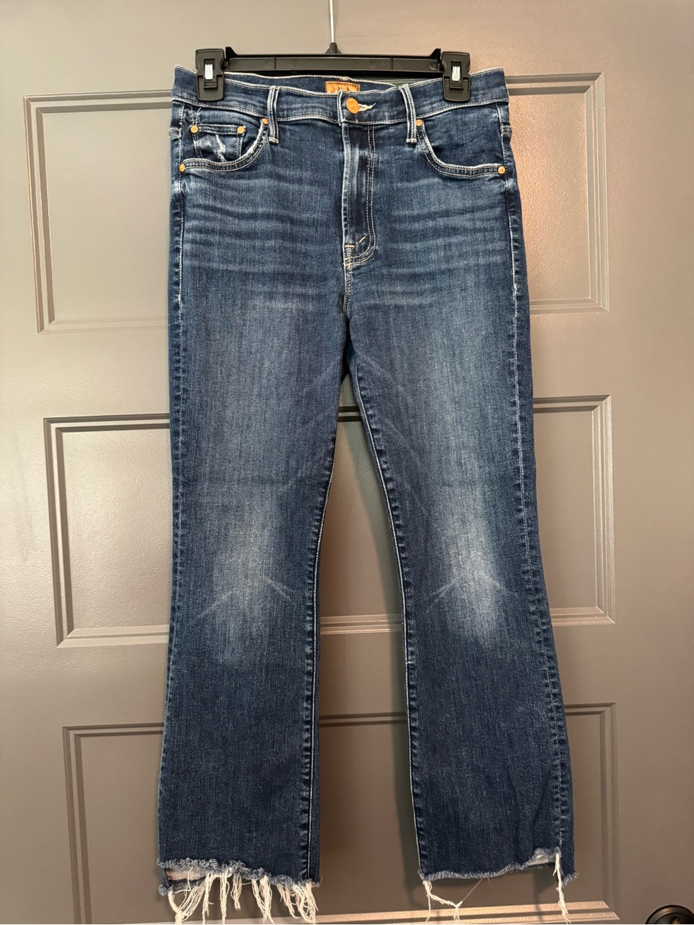 MOTHER Blue Distressed Ankle Jeans with Frayed Hem